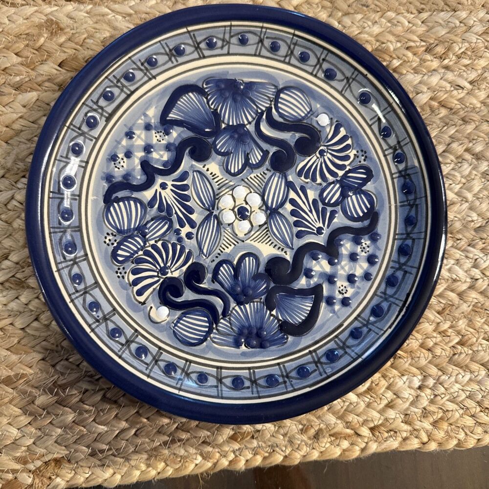 Vintage Mexican Floral Talavera 8”  Plate Blue White Puebla Mexico